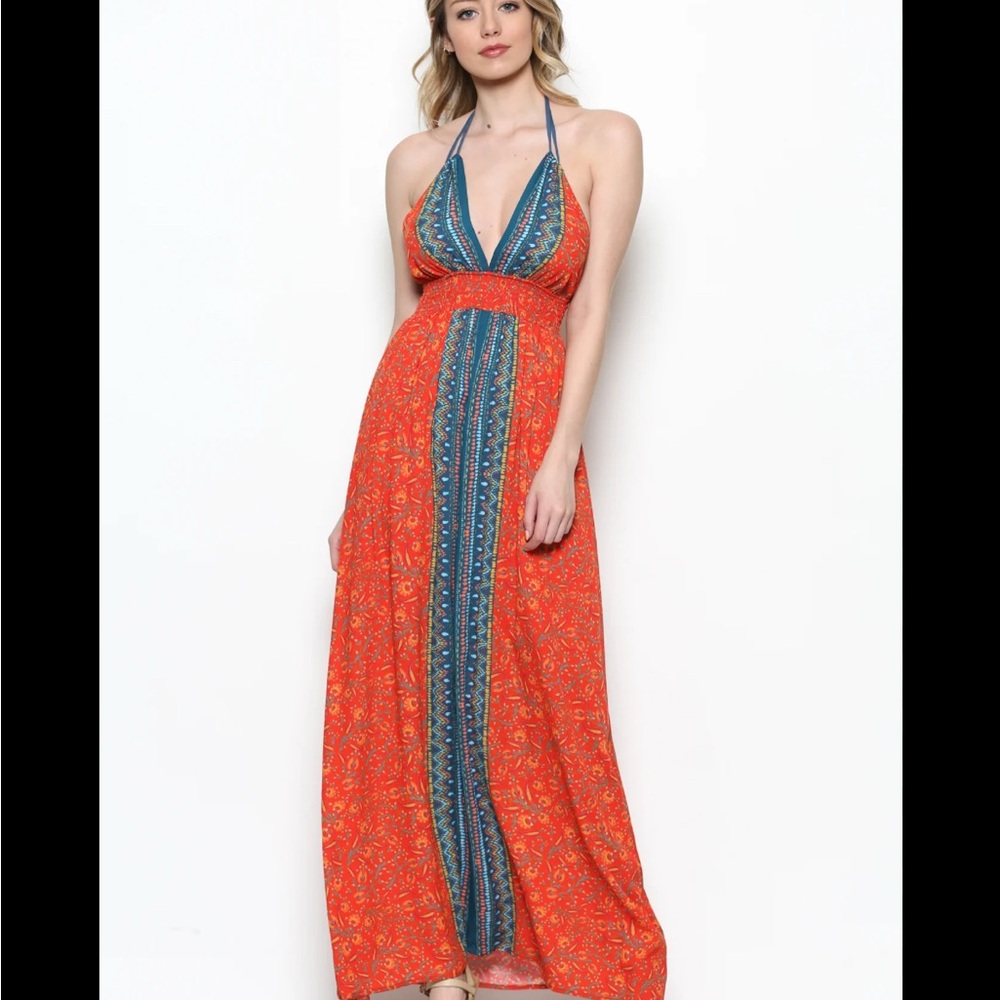 ANTHROPOLOGY Bohemian Halter Maxi Dress in Orange and Blue